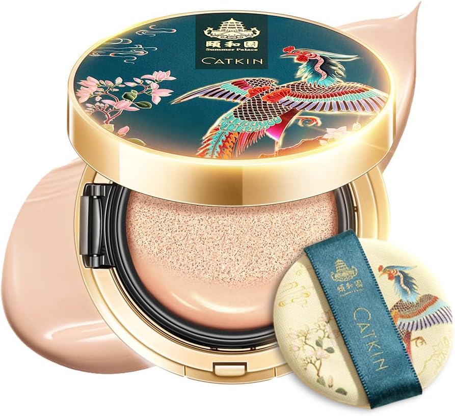 CATKIN Fond De Teint Cushion, Formule Légère Et Longue Tenue, Anti-Âge, Effet Naturel, Extraits De Plantes 7 En 1, Finition Satinée Transparente, Recharges Incluses, 13g*2