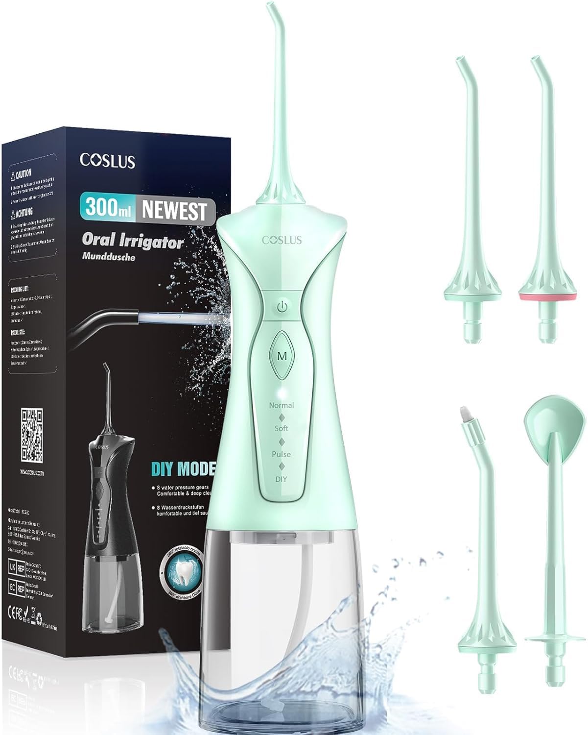 COSLUS Hydropulseur jet Dentaire Portable: 4 Modes Hydropulseur et Irrigateurs Oral, Réservoir d'eau 300 ml Vainqueur du Test, Rechargeable et Étanche IPX7, Noir Brillant