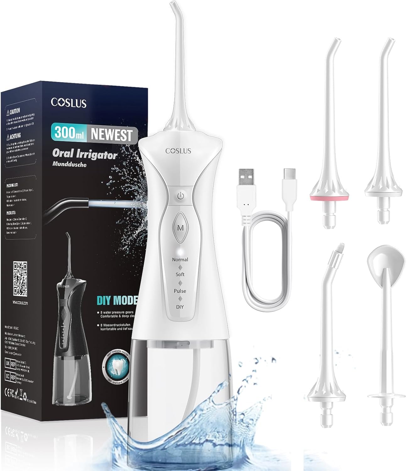 COSLUS Hydropulseur jet Dentaire Portable: 4 Modes Hydropulseur et Irrigateurs Oral, Réservoir d'eau 300 ml Vainqueur du Test, Rechargeable et Étanche IPX7, Noir Brillant