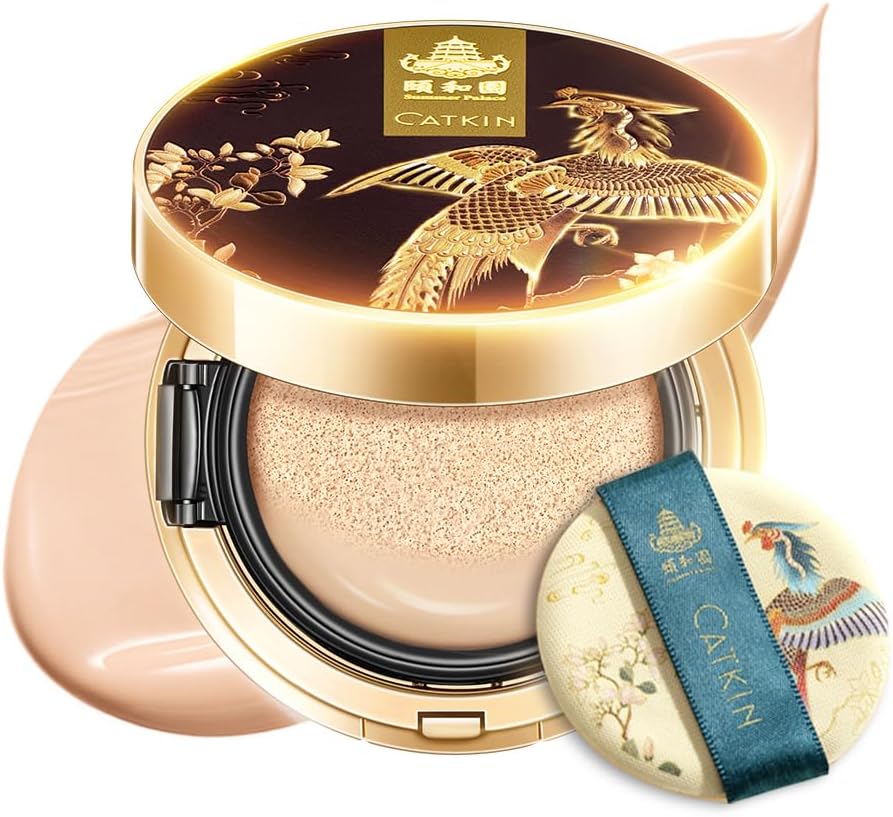 CATKIN Fond De Teint Cushion, Formule Légère Et Longue Tenue, Anti-Âge, Effet Naturel, Extraits De Plantes 7 En 1, Finition Satinée Transparente, Recharges Incluses, 13g*2