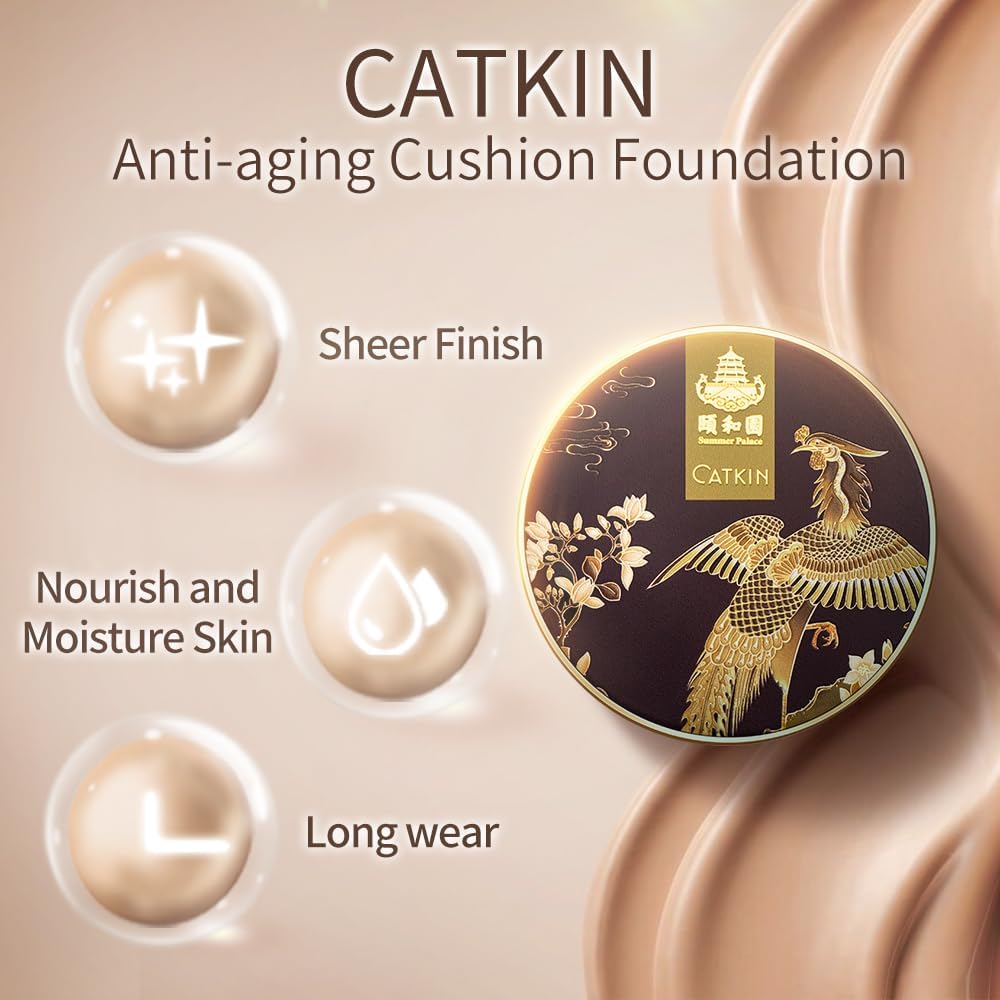 CATKIN Fond De Teint Cushion, Formule Légère Et Longue Tenue, Anti-Âge, Effet Naturel, Extraits De Plantes 7 En 1, Finition Satinée Transparente, Recharges Incluses, 13g*2
