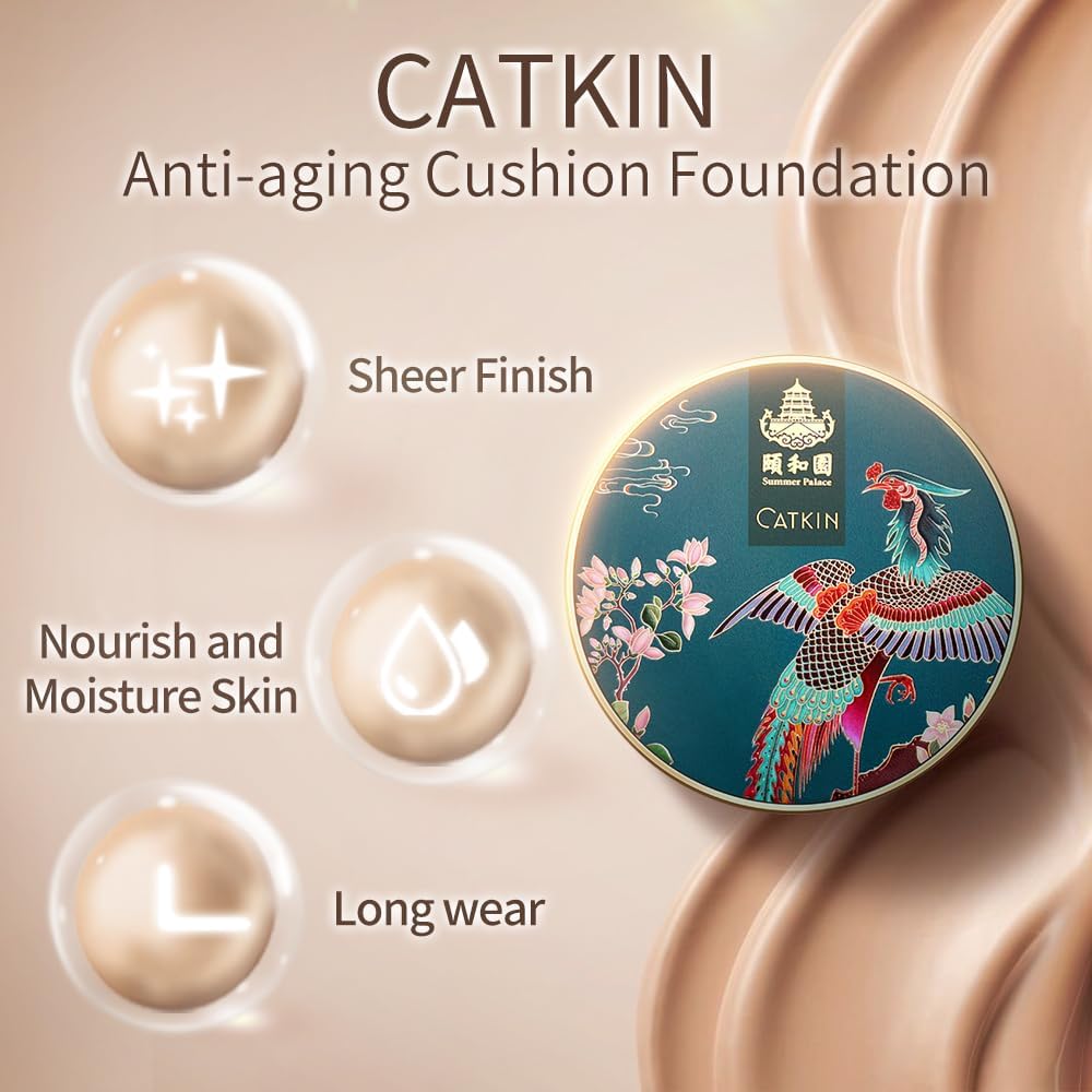 CATKIN Fond De Teint Cushion, Formule Légère Et Longue Tenue, Anti-Âge, Effet Naturel, Extraits De Plantes 7 En 1, Finition Satinée Transparente, Recharges Incluses, 13g*2