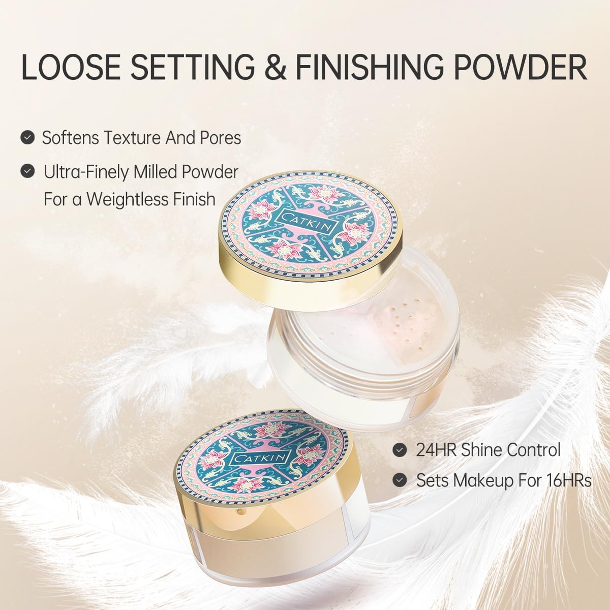 CATKIN Loose Setting Powder, Loose Powder, Mattifying Powder, Excess Sebum Absorption, Anti-Pore, Colour Corrector, Ultra Light & Universal, Translucent, 4 g x 3