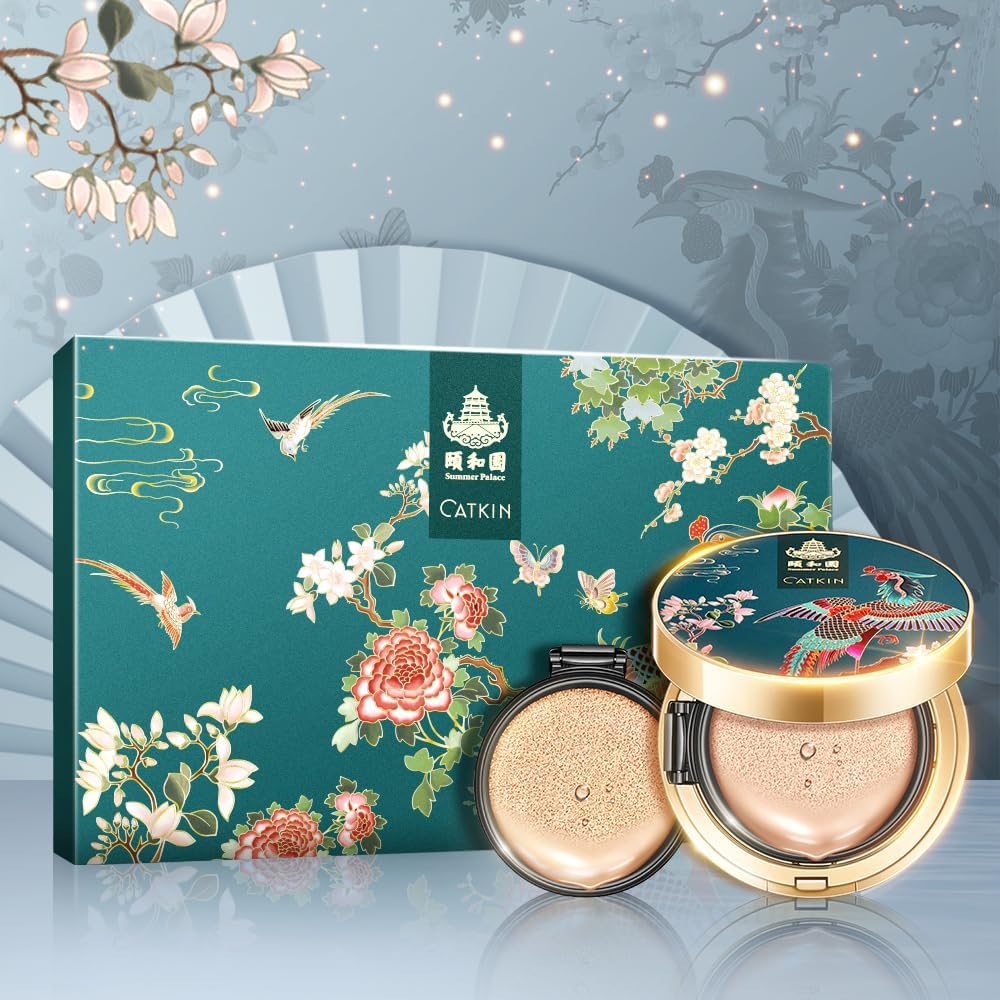 CATKIN Fond De Teint Cushion, Formule Légère Et Longue Tenue, Anti-Âge, Effet Naturel, Extraits De Plantes 7 En 1, Finition Satinée Transparente, Recharges Incluses, 13g*2