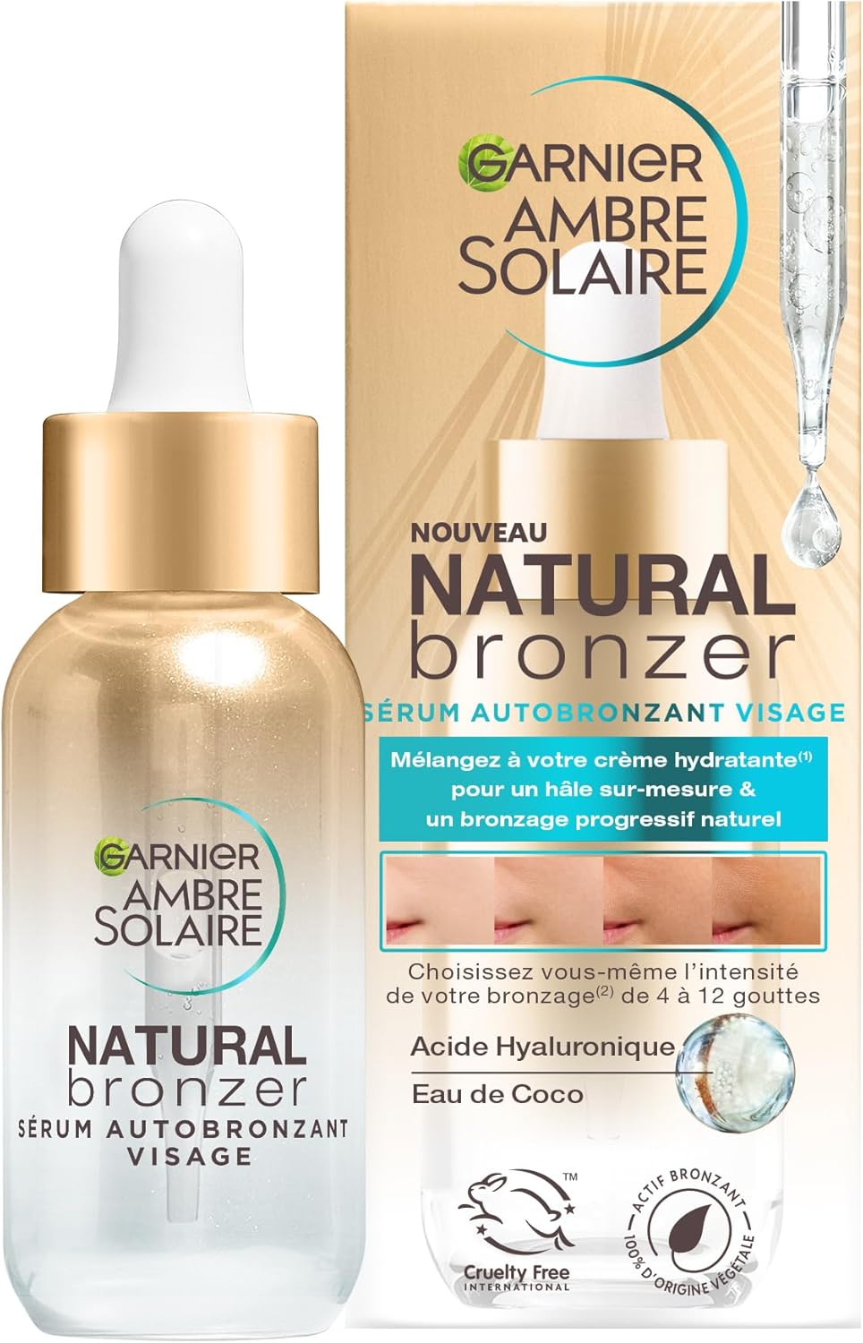 Garnier Ambre Solaire - Sérum Autobronzant Visage Hydratant - Hâle Progressif & Sur-Mesure - Eau de Coco & Acide Hyaluronique - Pour Tous Types de Peaux - Natural Bronzer - 30 ml
