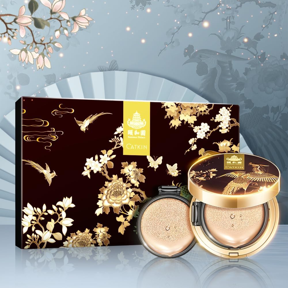 CATKIN Fond De Teint Cushion, Formule Légère Et Longue Tenue, Anti-Âge, Effet Naturel, Extraits De Plantes 7 En 1, Finition Satinée Transparente, Recharges Incluses, 13g*2