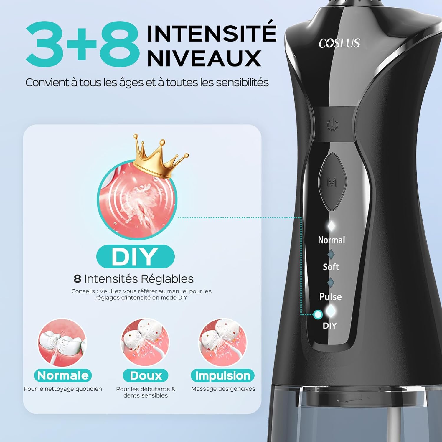 COSLUS Hydropulseur jet Dentaire Portable: 4 Modes Hydropulseur et Irrigateurs Oral, Réservoir d'eau 300 ml Vainqueur du Test, Rechargeable et Étanche IPX7, Noir Brillant