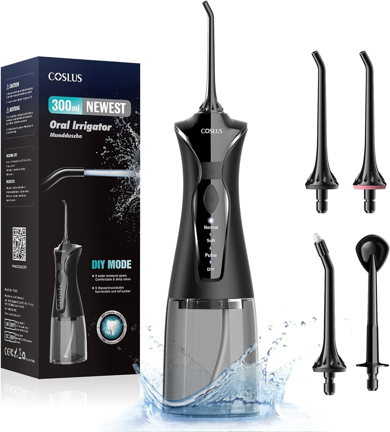 COSLUS Hydropulseur jet Dentaire Portable: 4 Modes Hydropulseur et Irrigateurs Oral, Réservoir d'eau 300 ml Vainqueur du Test, Rechargeable et Étanche IPX7, Noir Brillant
