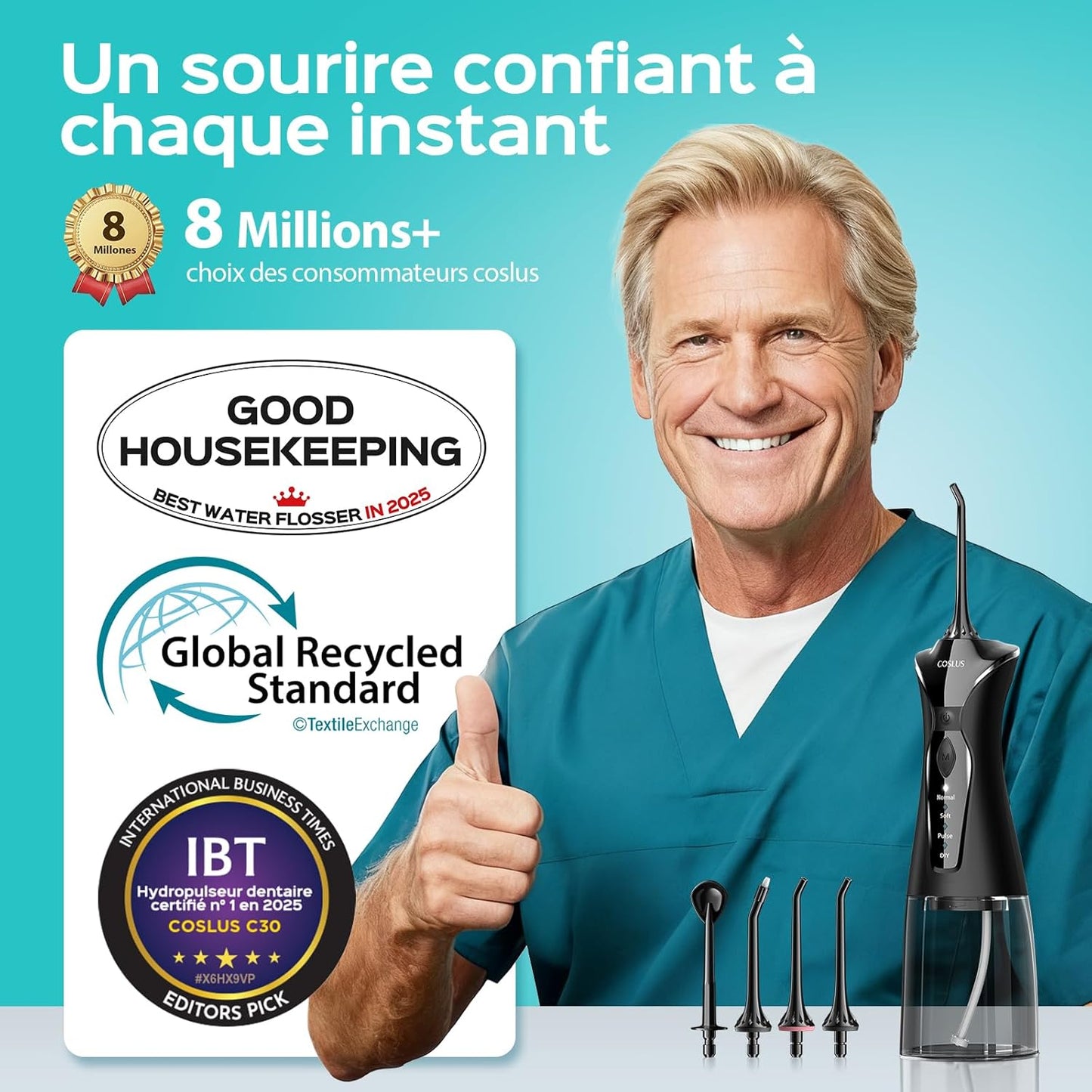 COSLUS Hydropulseur jet Dentaire Portable: 4 Modes Hydropulseur et Irrigateurs Oral, Réservoir d'eau 300 ml Vainqueur du Test, Rechargeable et Étanche IPX7, Noir Brillant